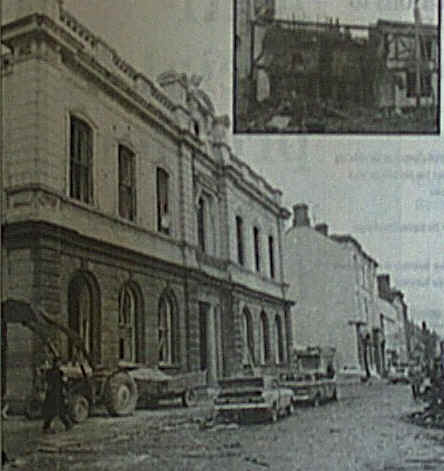 The scene of the Dundalk bombing outside the Town Hall on Crowe Street, with inset the Kay's Tavern bar across the street which bore the bruth of the blast. Photo from The Dundalk Democrat, 12 July 2006.