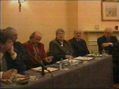 Photograph: Jane Winter, Director of British Irish Rights Watch, London, addresses the press at the Ludlow family's press conference in Dublin, February 1999, for the launch of her independent Report on the murder of Seamus Ludlow.