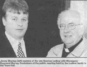 Jimmy Sharkey with Monsignor Raymond Murray photographed at a Ludlow family public meeting in Dundalk.