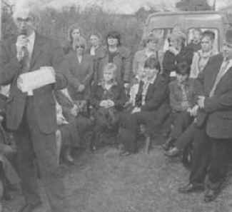 Photograph: Michael Donegan addresses the crowd who had gathered for the Seamus Ludlow Commemoration. Jimmy Sharkey stands at extreme right.